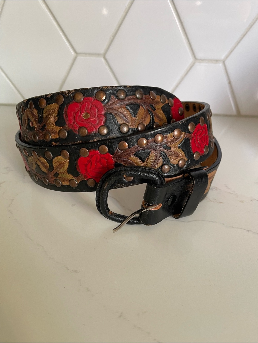 Hand-Tooled Studded Black Leather Belt with Red Rose Accents